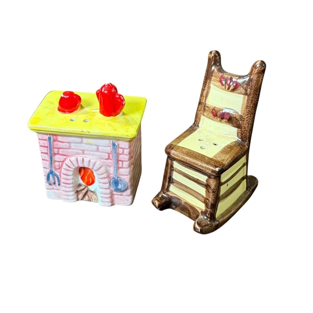 Vintage Ceramic Stove and Rocking Chair‎ Salt Pepper Shaker Set Japan Novelty